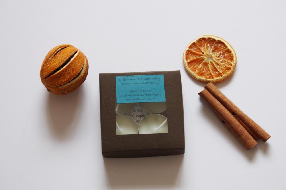 Natural Wax Tea Light Candles Set Of 4 In Winter Warmer, Handmade By Olibanum Aromatherapy In The Uk