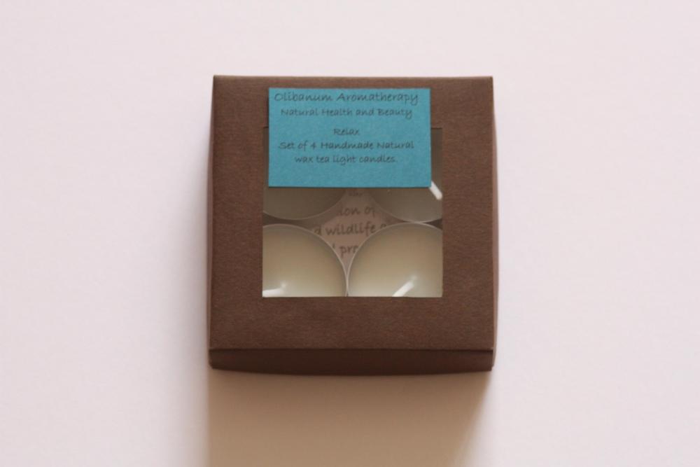Natural Wax Tea Light Candles Set Of 4 In Relax, Handmade By Olibanum Aromatherapy In The Uk
